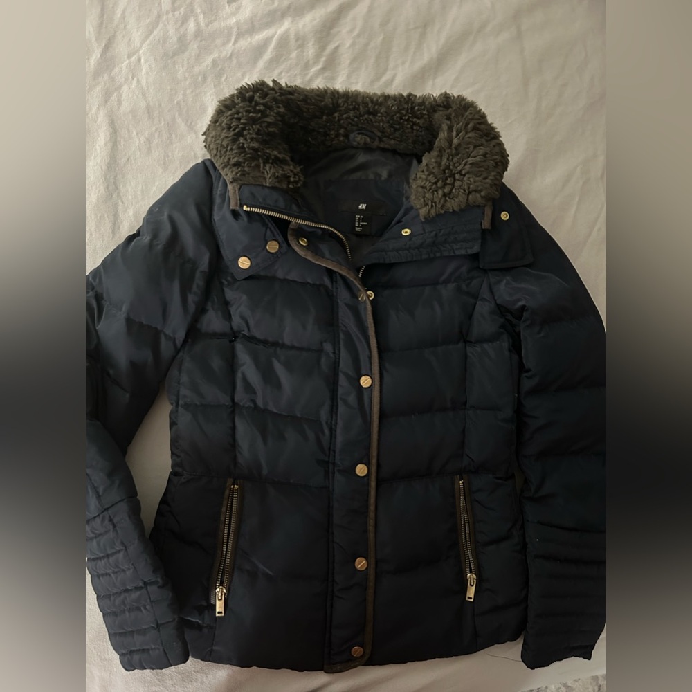 H&M Puffer Coat Navy Blue with gold zipper and snaps